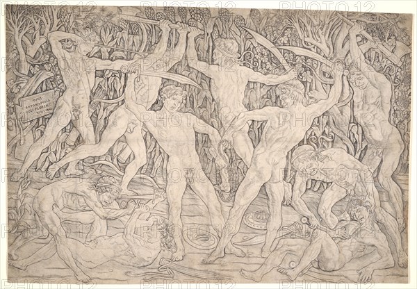 Antonio del Pollaiolo (aka Antonio del Pollaiuolo, Italian, 1431/1432 - 1498). The Battle of the Nudes, ca. 1465-1470. Engraving. Sheet: 401 mm x 578 mm (15.79 in. x 22.76 in.). Second of two states.