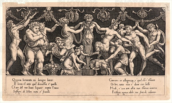 Master of the Die (Italian, born ca. 1512, active 1532/1533), possibly after Raphael (Italian, 1483-1520) or Giulio Romano (Italian, probably 1499-1546). Sacrifice to Priapus, 16th century. Engraving. First of three states, rare state before alterations on the statue of Priapus.