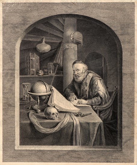 Jacques Firmin Beauvarlet (French, 1731-1797) after Gerrit Dou (aka Gerard Dou) (Dutch, 1613 - 1675). The Philosopher, 1760-1775. Etching and engraving on laid paper. Sheet: 360 mm x 276 mm (14.17 in. x 10.87 in.). Before letters.