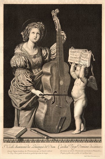 Etienne Picart (aka Le Romain, French, 1632 - 1721) after Domenichino (aka Domenico Zampieri Domenichino, Italian, 1581-1641). St. Cecilia Singing Praise to God, ca. 1675-1695. Engraving on laid paper. Plate: 431 mm x 286 mm (16.97 in. x 11.26 in.).