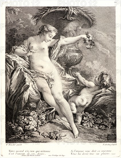 Pierre-Alexandre Aveline (French, 1702-1760) after FranÃ§ois Boucher (French, 1703-1770). Venus and Amor, ca. 1730-1740. Etching and engraving on laid paper. Plate: 310 mm x 238 mm (12.2 in. x 9.37 in.).