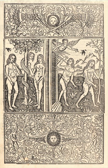 Anonymous (Italian). Adam and Eve and the Serpentâ€îExpulsion from Paradise, ca. 1480-1500. From Supplementum Chronicarum. Woodcut.