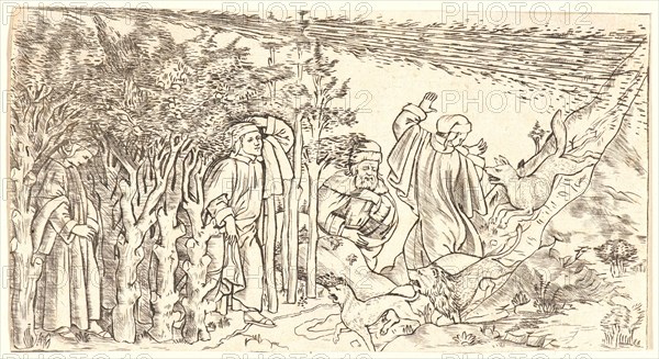 Anonymous (Italian). Divine Comedy: Dante Lost in the Wood, Escaping and Meeting Virgil, 1481. Engraving; fine manner on laid paper. Plate: 92 mm x 169 mm (3.62 in. x 6.65 in.). Only state.
