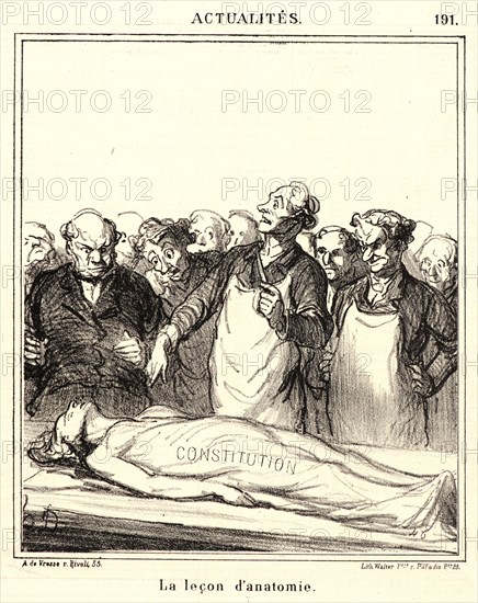 Honoré Daumier (French, 1808 - 1879). La leÃ§on d'anatomie, 1869. From Actualités. Lithograph on newsprint paper. Image: 238 mm x 203 mm (9.37 in. x 7.99 in.). Second of two states.