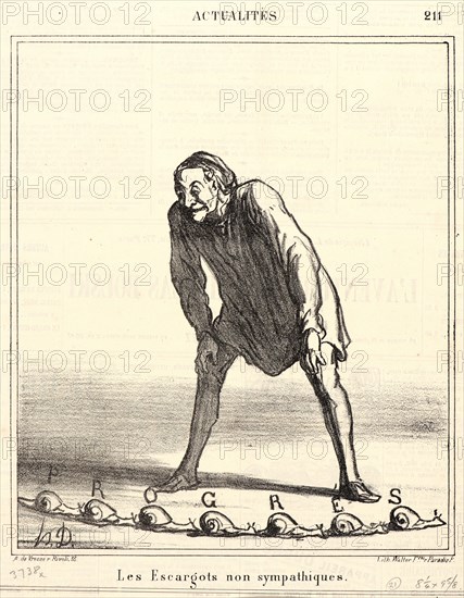 Honoré Daumier (French, 1808 - 1879). Les Escargots non sympathiques, 1869. From Actualités. Lithograph on newsprint paper. Image: 238 mm x 203 mm (9.37 in. x 7.99 in.). Second of two states.