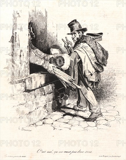 Honoré Daumier (French, 1808 - 1879). C'est usé, Ã§a ne vaut pas deux sous, 1833. From Série politique. Pen lithograph on newsprint paper. Image: 200 mm x 185 mm (7.87 in. x 7.28 in.).