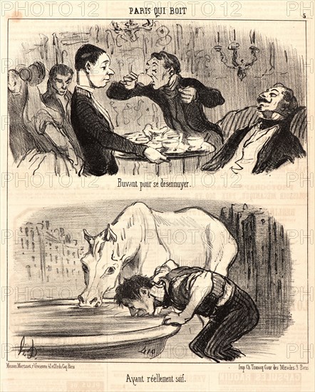 Honoré Daumier (French, 1808 - 1879). Buvant pour se désennuyer, 1852. From Paris qui Boit. Lithograph on newsprint paper. Image: 259 mm x 227 mm (10.2 in. x 8.94 in.). Second of two states.