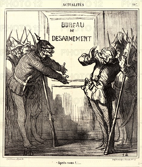 Honoré Daumier (French, 1808 - 1879). Aprés vous!..., 1868. From Actualités. Lithograph on newsprint paper. Image: 253 mm x 230 mm (9.96 in. x 9.06 in.). Third of three states.