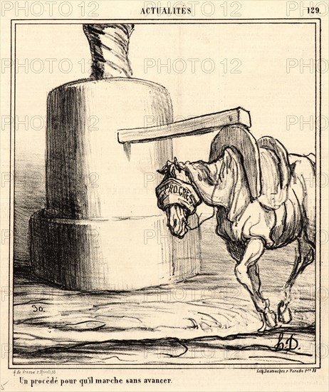 Honoré Daumier (French, 1808 - 1879). Un procédé pour qu'il marche sans avancer, 1868. From Actualités. Lithograph on newsprint paper. Image: 243 mm x 217 mm (9.57 in. x 8.54 in.). Third of three states.