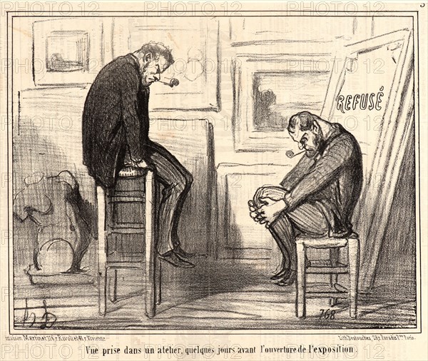 Honoré Daumier (French, 1808 - 1879). Vue prise dans un atelier, quelques jour avant l'ouverture de l'exposition, 1855. From L'Exposition Universelle. Lithograph on newsprint paper. Image: 193 mm x 249 mm (7.6 in. x 9.8 in.). Second of two states.