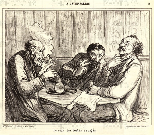 Honoré Daumier (French, 1808 - 1879). Le coin des PoÃ¨tes ravagés, 1864. From A` la Brasserie. Lithograph on newsprint paper. Image: 196 mm x 250 mm (7.72 in. x 9.84 in.). Second of two states.