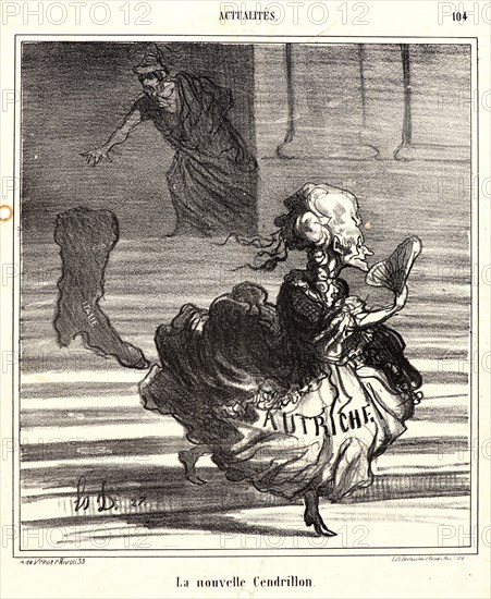 Honoré Daumier (French, 1808 - 1879). La nouvelle Cendrillon, 1866. From Actualités. Lithograph on newsprint paper. Image: 233 mm x 210 mm (9.17 in. x 8.27 in.). Second of three states.