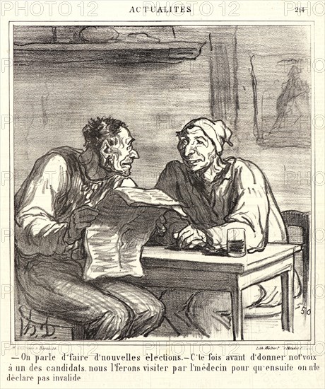Honoré Daumier (French, 1808 - 1879). On parle d'faire d'nouvelles élections, 1869. From Actualités. Lithograph on newsprint paper. Image: 213 mm x 200 mm (8.39 in. x 7.87 in.). Third of three states.
