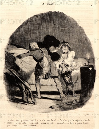 Honoré Daumier (French, 1808 - 1879). Allons, haut! y sommes-nous?..., 1843. From La Chasse. Lithograph on newsprint paper. Image: 242 mm x 220 mm (9.53 in. x 8.66 in.). Third of three states.