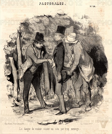 Honoré Daumier (French, 1808 - 1879). Le danger de vouloir visiter un site par trop sauvage, 1845. From Pastorales. Lithograph on newsprint paper. Image: 244 mm x 219 mm (9.61 in. x 8.62 in.). Second of two states.