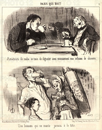 Honoré Daumier (French, 1808 - 1879). Amateurs de Moka, 1852. From Paris qui Boit. Lithograph on newsprint paper. Image: 255 mm x 220 mm (10.04 in. x 8.66 in.). Second of two states.