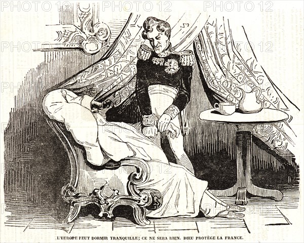 Honoré Daumier (French, 1808 - 1879). L'Europe peut dormir Tranquille; ce ne sera bien. Dieu protÃ¨ge la France., 1834. Wood engraving on newsprint paper. Image: 190 mm x 241 mm (7.48 in. x 9.49 in.).