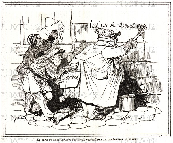 Honoré Daumier (French, 1808 - 1879). Le gras et gros Constitutionnel victimé par la génération en fleur., 1834. Wood engraving on newsprint paper. Image: 173 mm x 220 mm (6.81 in. x 8.66 in.). First state.