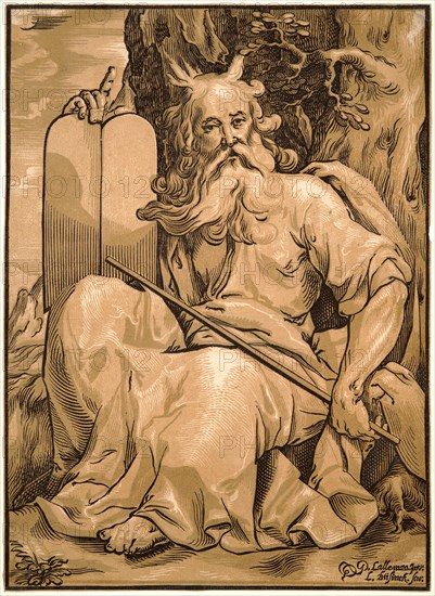 Ludwig BuÂ¨sinck (German born ca. 1590) after Georges Lallemand (French, 1560-1636). Moses with the Tables of Law, ca. 1643. Chiaroscuro woodcut.