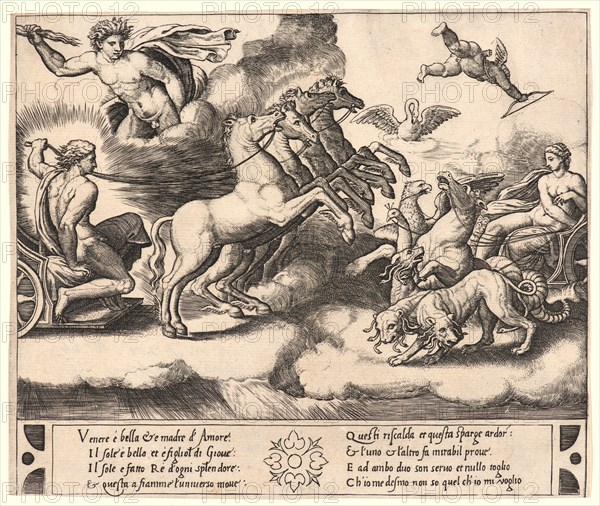 Anonymous after Master of the Die (Italian, born ca. 1512, active 1532/1533), possibly after Raphael (Italian, 1483-1520) or Giovanni Francesco Penni (Italian, ca. 1496 - ca. 1528). The Chariots of Apollo and Venus, 16th century. Engraving.