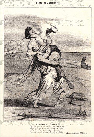 Honoré Daumier (French, 1808 - 1879). L'enlevement d'HélÃ¨ne, 1842. From Histoire Ancienne. Lithograph on white wove paper. Image: 247 mm x 192 mm (9.72 in. x 7.56 in.) (image dimensions are for composition). Third of three states.