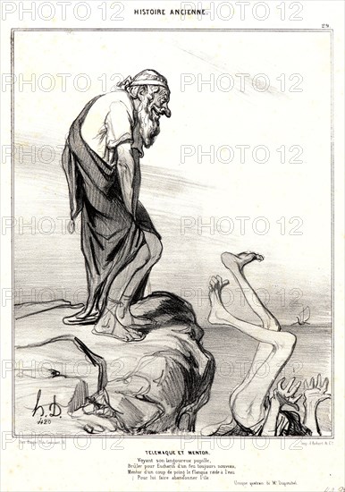 Honoré Daumier (French, 1808 - 1879). Télémaque et Mentor, 1842. From Histoire Ancienne. Lithograph on white wove paper. Image: 251 mm x 198 mm (9.88 in. x 7.8 in.). Third of three states.