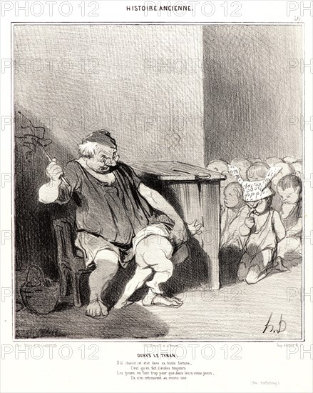 Honoré Daumier (French, 1808 - 1879). Denys le Tyran, 1842. From Histoire Ancienne. Lithograph on white wove paper. Image: 229 mm x 209 mm (9.02 in. x 8.23 in.). Second of three states.