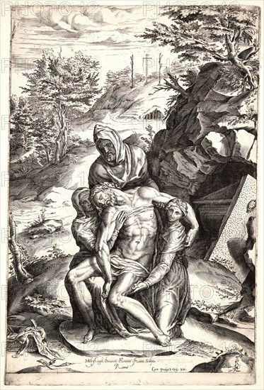 Cherubino Alberti (Italian, 1553-1615) after Michelangelo Buonarroti (Italian, 1475 - 1564). Pieta; The Body of Christ Supported by the Virgin, Another Female Saint, and St. Joseph of Arimathea, ca. 1560-1590. Engraving. Plate: 465 mm x 307 mm (18.31 in. x 12.09 in.).