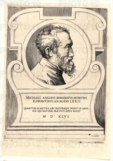 Giulio Bonasone (Italian, ca. 1510 - after 1576). Portrait of Michelangelo Buonarotti, ca. 1546. Engraving. Plate: 238 mm x 180 mm (9.37 in. x 7.09 in.).
