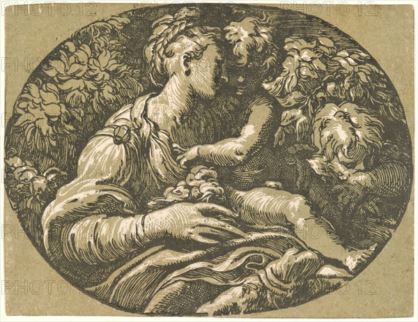 Antonio da Trento (Italian, ca. 1510 - ca. 1550) after Parmigianino (aka Francesco Mazzola, Italian, 1503 - 1540). Holy Family in an Oval (The Virgin and Child with the Infant St. John), ca. 1527-1531. Chiaroscuro woodcut printed from two blocks in green and dark green on laid paper. Sheet: 175 mm x 29 mm (6.89 in. x 1.14 in.).
