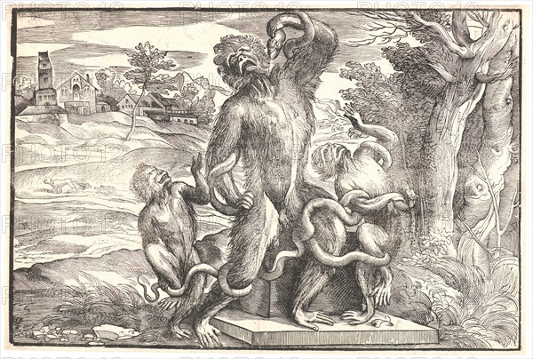 NicolÃ² Boldrini after Titian (Italian (Venetian), ca. 1488 - 1576). Caricature of the LaocoÃ¶n Group, ca. 1540-1545. Woodcut. Image: 266 mm x 902 mm (10.47 in. x 35.51 in.).