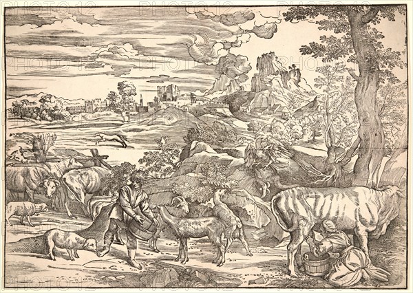 Attributed to NicolÃ² Boldrini (Italian, born ca. 1500) after Titian (Italian (Venetian), ca. 1488 - 1576). Landscape with a Milkmaid, ca. 1525. Woodcut.