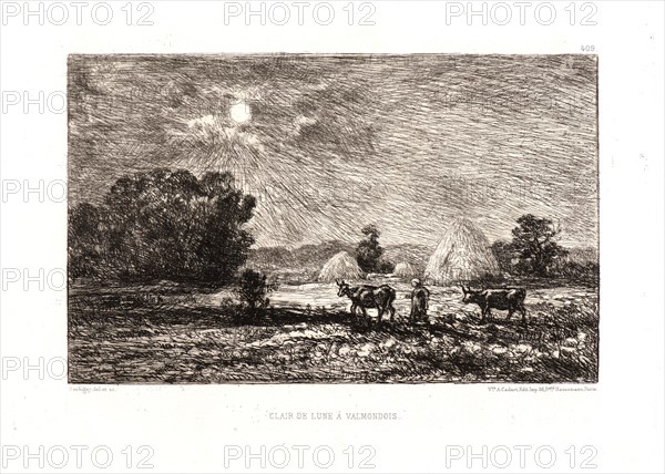 Charles FranÃ§ois Daubigny (French, 1817 - 1878). Moonlight at Valmondois (Clair de lune a Valmondois), 1877. Etching on laid paper. Plate: 189 mm x 264 mm (7.44 in. x 10.39 in.). Third of four states.