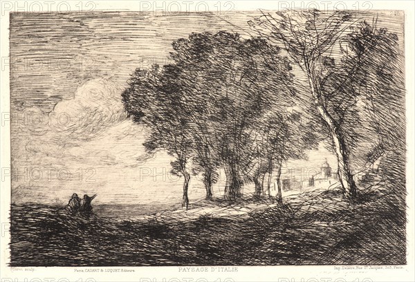 Jean-Baptiste-Camille Corot (French, 1796 - 1875). Italian Landscape, 1866. Etching on wove paper. Plate: 161 mm x 240 mm (6.34 in. x 9.45 in.). Second of three states, with letters.
