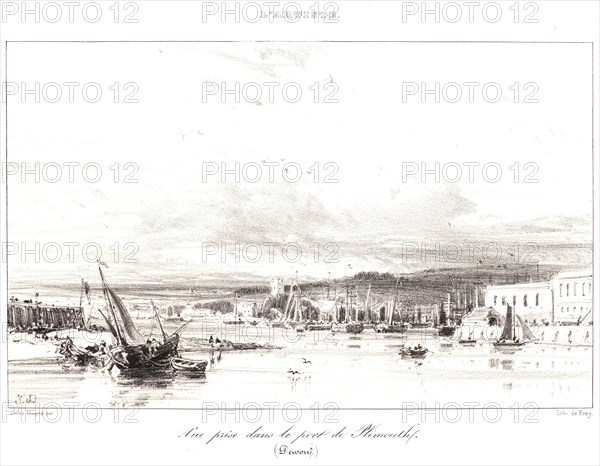 Jules Dupré (French, 1811 - 1889). View of the Port of Plymouth (Vue prise dans le port de Plymouth), 1836. Lithograph on wove paper. Image: 127 mm x 203 mm (5 in. x 7.99 in.). First of two states, with letters.