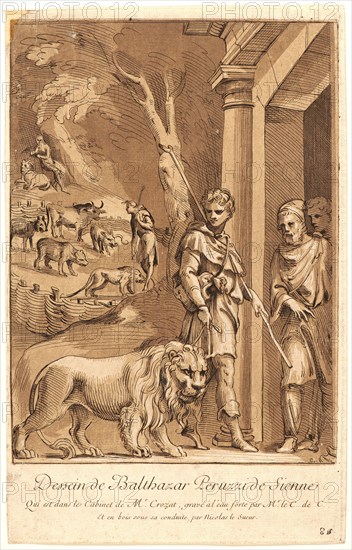 Anne-Claude-Philippe de Caylus (French, 1692-1765) after Baldassare Peruzzi (Italian, 1481 - 1536). Androcles with the Lion, ca. 1729- 1742. Etching printed in dark brown and chiaroscuro woodcut printed in medium and light brown on laid paper. Plate: 274 mm x 201 mm (10.79 in. x 7.91 in.) (object dimensions are for block).