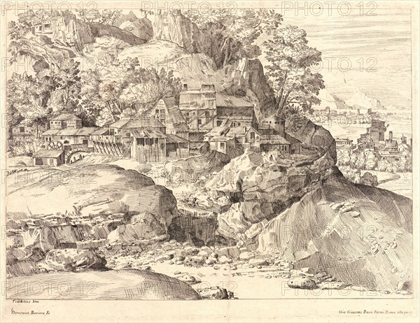 Dominique BarriÃ¨re (French, 1610-1678) after Titian (Italian (Venetian), ca. 1488-1576). Village with Mill at the Foot of the Alps, 17th century. Engraving.