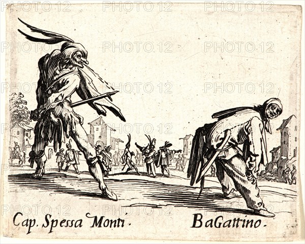 Jacques Callot (French, 1592 - 1635). Cap. Spessa Monti and BaGattino, 1622 and later. From Balli di Sfessania. Etching. Plate: 72 mm x 92 mm (2.83 in. x 3.62 in.). First of two states.