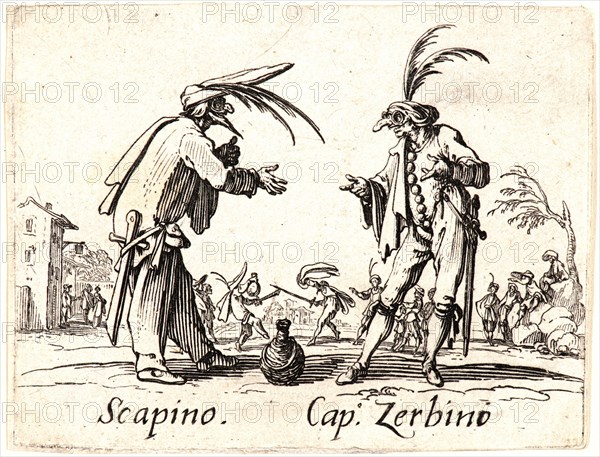 Jacques Callot (French, 1592 - 1635). Scapino and Cap. Zerbino, 1622 and later. From Balli di Sfessania. Etching. Plate: 72 mm x 92 mm (2.83 in. x 3.62 in.). First of two states.
