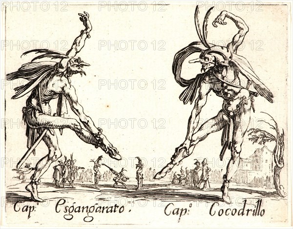 Jacques Callot (French, 1592 - 1635). Cap. Espangarata and Cap. Cocodrillo, 1622 and later. From Balli di Sfessania. Etching. First of two states.