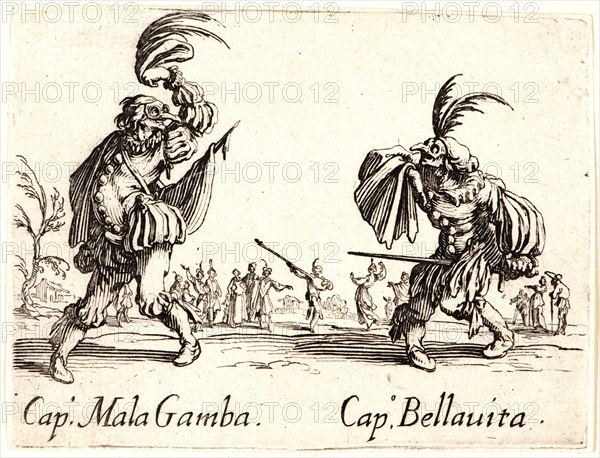 Jacques Callot (French, 1592 - 1635). Cap. Mala Gamba and Cap. Bellauit, 1622 and later. From Balli di Sfessania. Etching. First of two states.