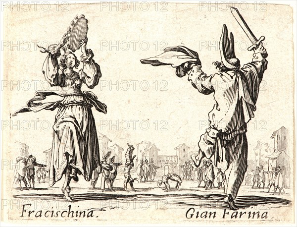 Jacques Callot (French, 1592 - 1635). Fracischina and Gian Farina, 1622 and later. From Balli di Sfessania. Etching. First of two states.