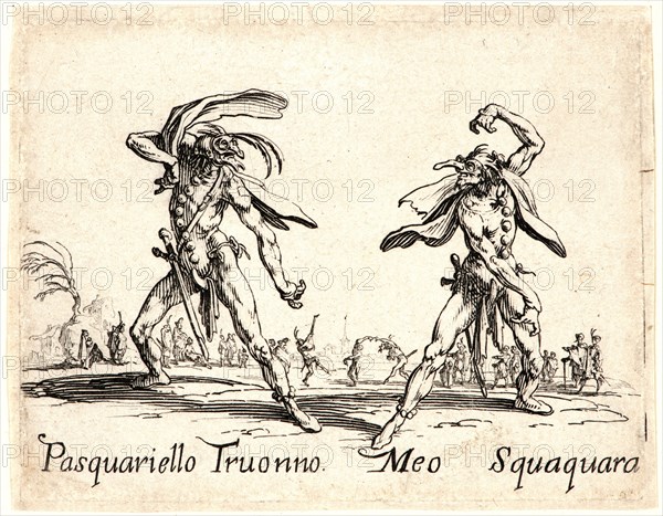 Jacques Callot (French, 1592 - 1635). Pasquariello Truonno and Meo Squaquoa, 1622 and later. From Balli di Sfessania. Etching. First of two states.