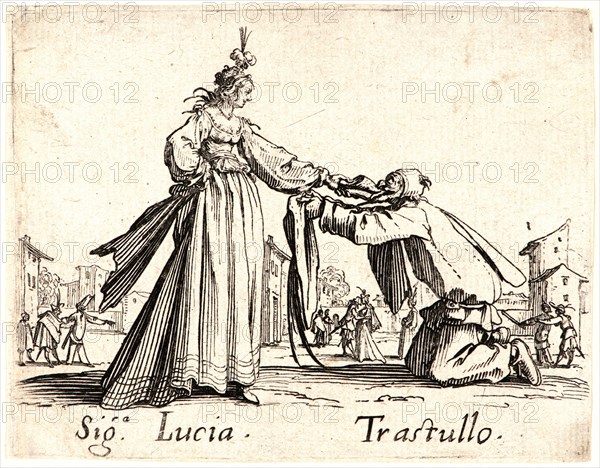 Jacques Callot (French, 1592 - 1635). Sig. Lucia and Trastullo, 1622 and later. From Balli di Sfessania. Etching. First of two states.