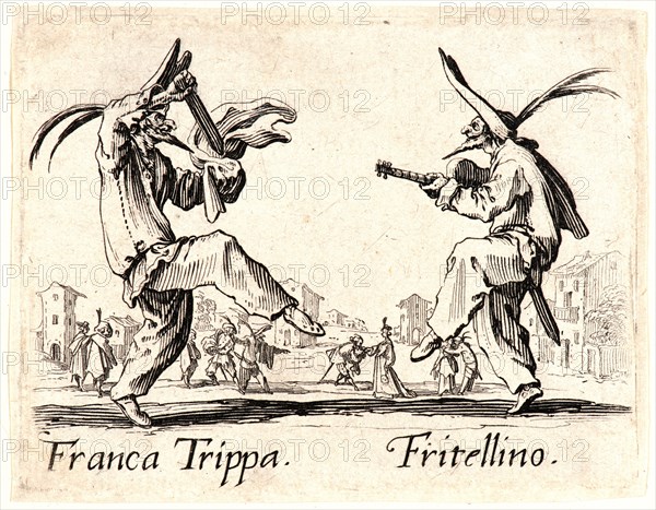 Jacques Callot (French, 1592 - 1635). Franca Trippa and Fritellino, 1622 and later. From Balli di Sfessania. Etching. First of two states.