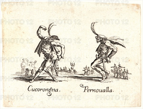 Jacques Callot (French, 1592 - 1635). Cucorogna and Pernoualla, 1622 and later. From Balli di Sfessania. Etching. First of two states.