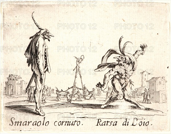 Jacques Callot (French, 1592 - 1635). Smaraolo Cornuto and Ratsa di Boio, 1622 and later. From Balli di Sfessania. Etching. First of two states.