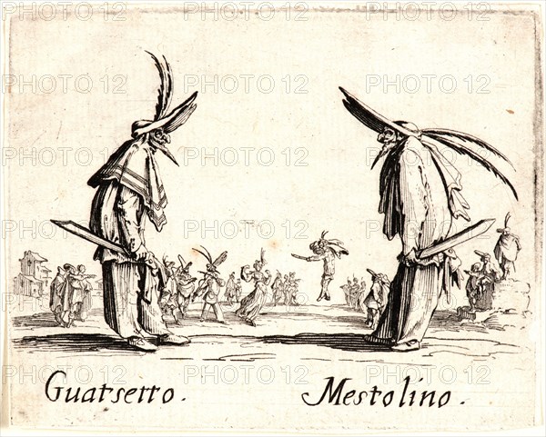 Jacques Callot (French, 1592 - 1635). Guatsetto and Mestolino, 1622 and later. From Balli di Sfessania. Etching. Plate: 72 mm x 92 mm (2.83 in. x 3.62 in.). First of two states.