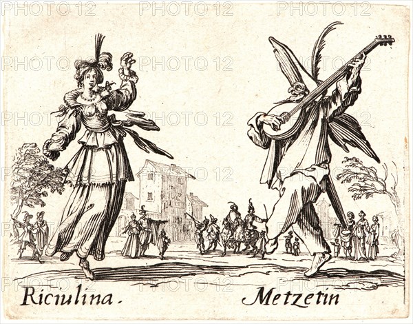 Jacques Callot (French, 1592 - 1635). Riciulina and Metzetin, 1622 and later. From Balli di Sfessania. Etching. Plate: 72 mm x 92 mm (2.83 in. x 3.62 in.). First of two states.
