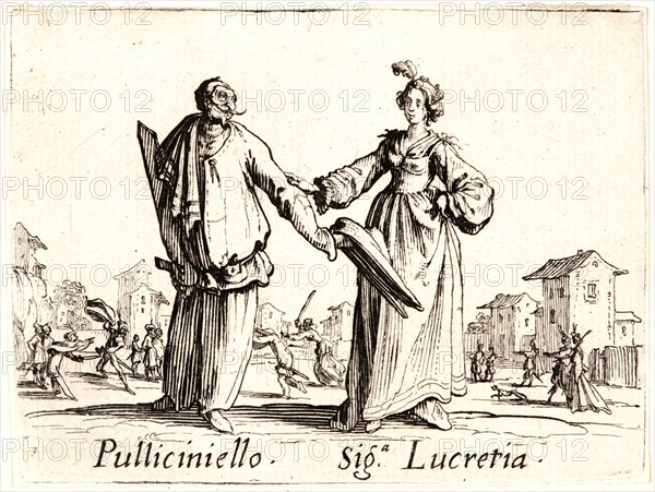 Jacques Callot (French, 1592 - 1635). Pulliciniello and Signora Lucretia, 1622 and later. From Balli di Sfessania. Etching. Plate: 72 mm x 95 mm (2.83 in. x 3.74 in.). First of two states.